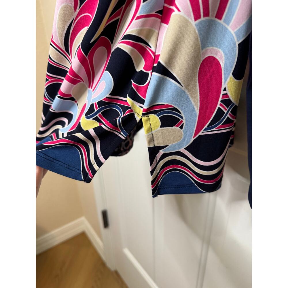 JM Collection Border Print Sheer Sleeve Blue Pink Yellow V-neck Blouse Plus XXL - Picture 6 of 7